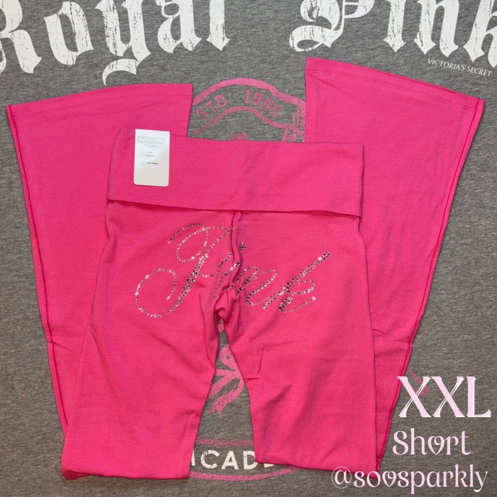 Victoria’s Secret PINK Carmine Rose Hot Pink Bling Foldover Flare Leggings XXL